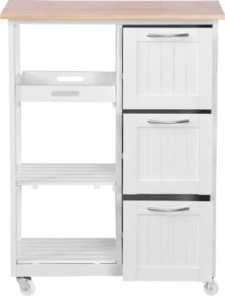 GoodVibes - Keukenwagen Op Wielen Met 3 Laden En 3 Open Vakken Met Legplanken - Hout En MDF - Serveerwagen - Verrijdbare Keukenkast In Landhuisstijl - 67 X 37 X 84cm - Wit/Natuurlijk -Thuisopslag 913x1200 1