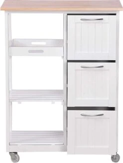 Miadomodo - Keukenwagen Op Wielen Met 3 Laden En 3 Open Vakken Met Legplanken - Hout En MDF - Serveerwagen - Verrijdbare Keukenkast In Landhuisstijl - 67 X 37 X 84cm - Wit/Natuurlijk -Thuisopslag 913x1200 3