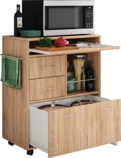 VCM Houten Keukenkarretje Serveerwagen Planken Rolbare Wielen Lade Kicha Houten Keukenkarretje Serveerwagen Planken Rolbare Wielen Lade Kicha