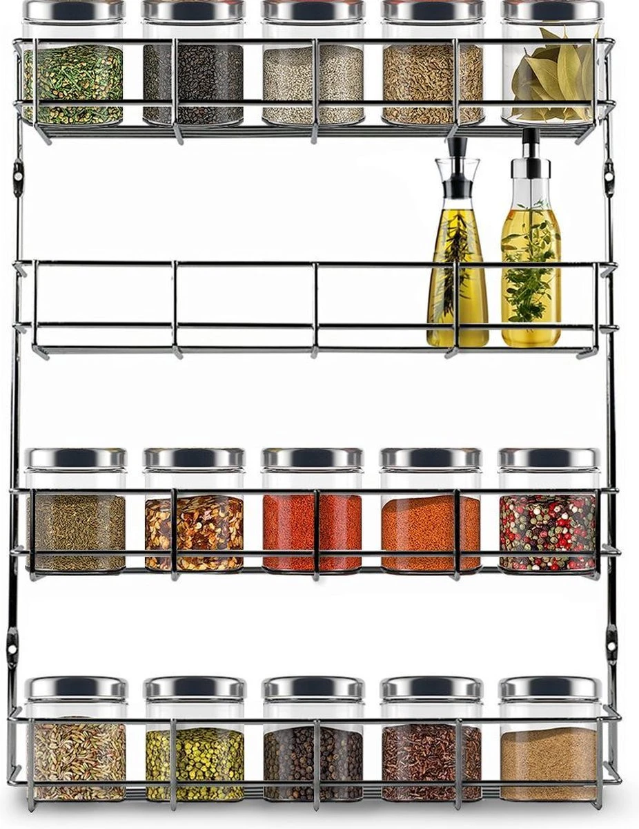 KitchenBrothers Ophangbaar Kruidenrek Voor 32 Kruidenpotjes - Spice Rack – Keuken Rek - Kruiden Organizer - Specerijen Opbergen - 4 Laags - 40 X 6.3 X 50 Cm - RVS 3 KitchenBrothers Ophangbaar Kruidenrek Voor 32 Kruidenpotjes - Spice Rack – Keuken Rek - Kruiden Organizer - Specerijen Opbergen - 4 Laags - 40 X 6.3 X 50 Cm - RVS