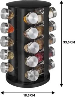 Merkloos Draaibaar Kruidenrek Met 20 Kruidenpotjes - Kruidenrek Staand - Aanrecht Organiser - Glazen Potjes Met Deksel - Inclusief 32 Etiketten En 1 Uitwisbare Stift - Ronde Afwerking - Zwart -Thuisopslag 930x1200