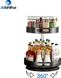 AlShiha® Organizer- Draaiplateau - 2 Laags(Zwart) - Keuken Organizers - Aanrecht Organiser - Draaischijf - Badkamer Organizer - Make Up Organizer - Kruidenrek - Kast Organizer - Keukenkast Organizer