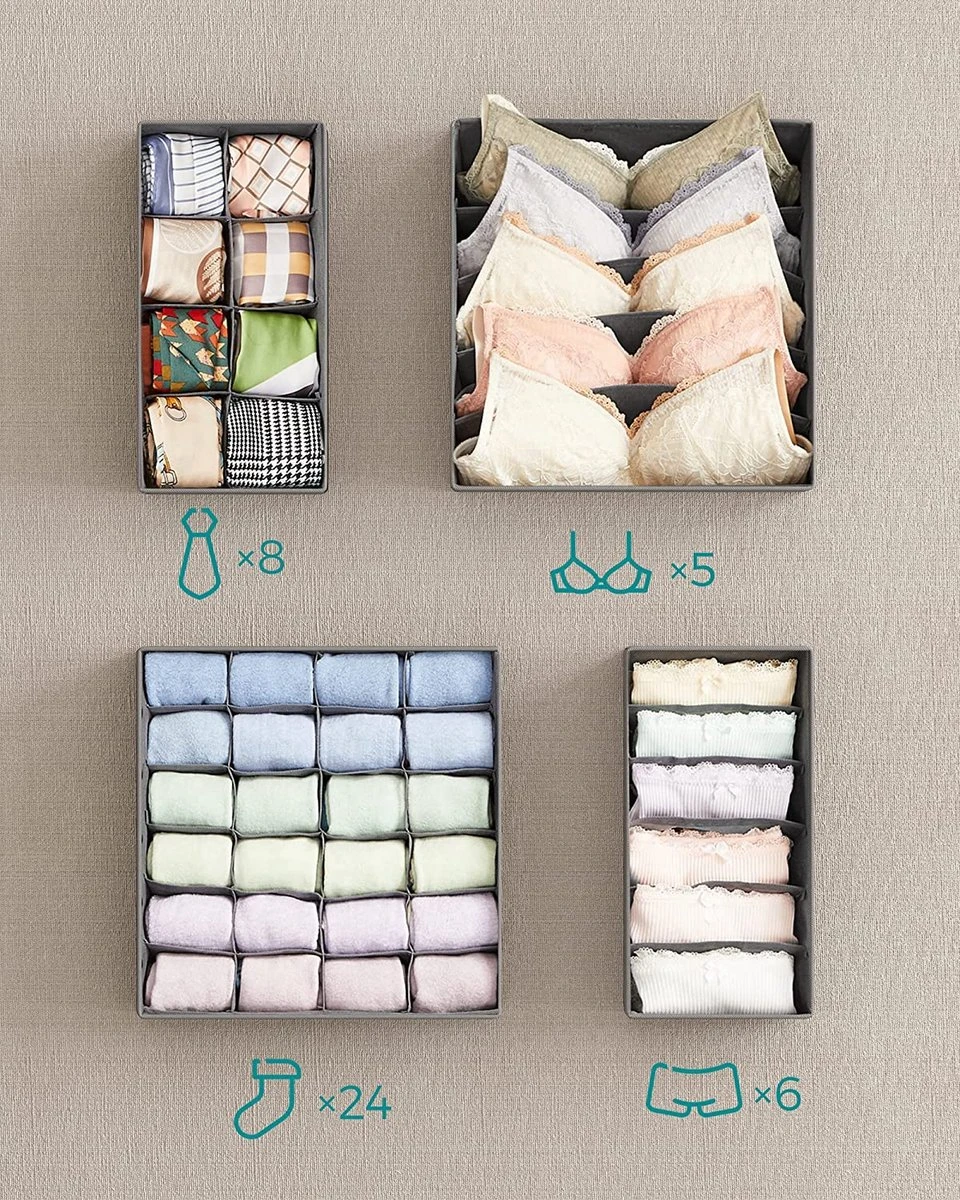 LIVINGSIGNS Opbergdozen Voor Ondergoed, Lade-organizer, Opbergsysteem Voor Kledingkast, Opvouwbaar, Voor Beha's, Ondergoed, Sokken, Stropdassen, Vouwdoos, Stoffen Box, Set Van 4, Grijs RUS04GY 8 LIVINGSIGNS Opbergdozen Voor Ondergoed, Lade-organizer, Opbergsysteem Voor Kledingkast, Opvouwbaar, Voor Beha's, Ondergoed, Sokken, Stropdassen, Vouwdoos, Stoffen Box, Set Van 4, Grijs RUS04GY - Afbeelding 6