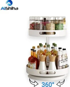 AlShiha® Organizer - Draaiplateau - 2 Laags Wit- Aanrecht Organizer- Badkamer Organizer - Aanrecht Organiser - Opbergrek - Make Up Organizer - Kruidenrek - Kast Organizer - Kruidenrek - Keukenkast - Keuken Organizers