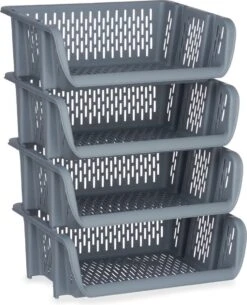 Pakket Van 4x Opberg Kratten/rekken/organizers Grijs 39 X 30 X 13 Cm - Stapelkratten - Stapelbare Manden/bakken