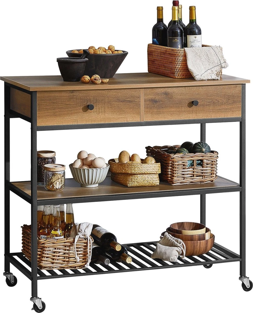 Mara Keukentrolley Op Wieltjes - Opbergtrolley - Serveerwagen - 2 Lades - 100 X 45 X 93 Cm 3 Mara Keukentrolley Op Wieltjes - Opbergtrolley - Serveerwagen - 2 Lades - 100 X 45 X 93 Cm