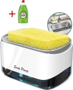 Zeeppomp - 2 In 1 - Sponshouder - Zeepdispenser - Afdruiprek - Inclusief Spons - Aanrecht - Keukenaccessoire - Gootsteen - Gadgets - Dreft