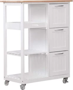 Miadomodo - Keukenwagen Op Wielen Met 3 Laden En 3 Open Vakken Met Legplanken - Hout En MDF - Serveerwagen - Verrijdbare Keukenkast In Landhuisstijl - 67 X 37 X 84cm - Wit/Natuurlijk -Thuisopslag 979x1200 4