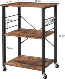 ZAZA Home Keukenplank Op Wielen Serveerwagen Met 3 Planken En 6 Haken