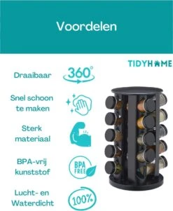 TidyHome Kruidenrek Draaibaar - Kruidenpotjes - Kruiden Carrousel - 20 Kruidenpotjes - Zwart - RVS - Draaibaar - Aanrecht Organizer - Inclusief Labels, Pen En Trechter - Keuken Organizer -Thuisopslag 986x1200