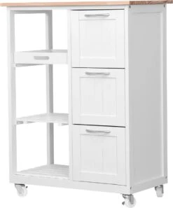 Miadomodo - Keukenwagen Op Wielen Met 3 Laden En 3 Open Vakken Met Legplanken - Hout En MDF - Serveerwagen - Verrijdbare Keukenkast In Landhuisstijl - 67 X 37 X 84cm - Wit/Natuurlijk -Thuisopslag 997x1200 3