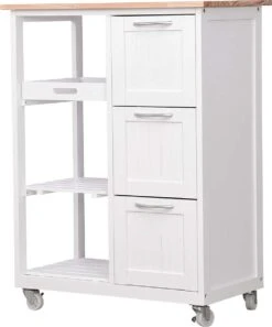 Miadomodo - Keukenwagen Op Wielen Met 3 Laden En 3 Open Vakken Met Legplanken - Hout En MDF - Serveerwagen - Verrijdbare Keukenkast In Landhuisstijl - 67 X 37 X 84cm - Wit/Natuurlijk -Thuisopslag 998x1200 3